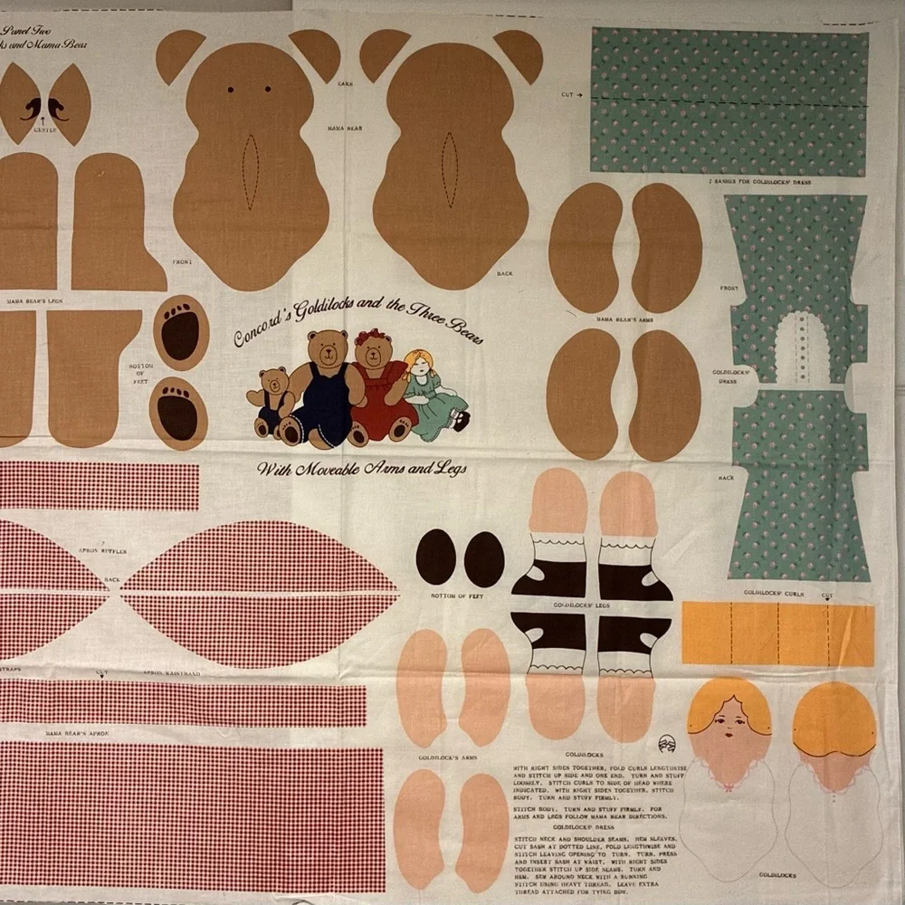 Vintage Sewing Fabric Panel “Goldilocks and the Three* Bears”Moveable Arms, Legs